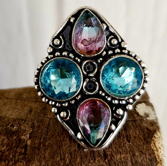 New Blue Topaz & Bi-Color Tourmaline 925 Silver Ring. - Picture 5 of 8